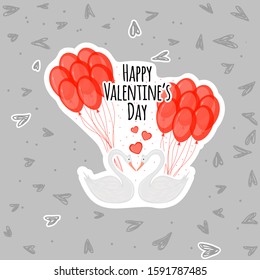 Valentine's Day set with cute swans. Cartoon style. Vector illustration