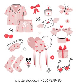 Valentine's Day set. Cute women's pajamas, cherries, candle, bow, socks, butterfly, flowers, stars, birds, pigeons, balloons, key, gift, heart-shaped glasses, sleep mask, cup.