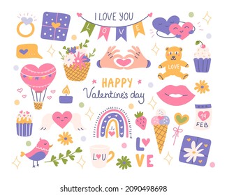 Valentines Day set with decorative elements, love symbols and inscriptions. Vector flat illustration.