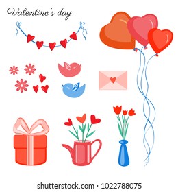 Valentines day set decorative vector elements floral bouquet, flower vase, bird, ballon, heart, letter, gift, watering can illustration isolated on background, holiday symbols for design greeting card