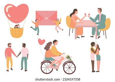 Valentine's day set of different activities, pink illustrations, clipart, stickers, cycling, romantic dinner, date, gay, lesbian, lgbt