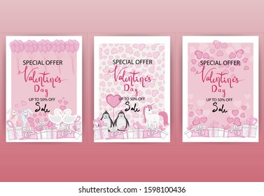 Valentine's Day set of discount cards. Cartoon style. Vector illustration