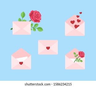 Valentines day. Set of diversity envelopes with hearts and roses. Vector illustration