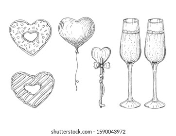 Valentines Day Set with doodle hand drawn objects in sketch style-lollipop, glazed donut, glass of champagne. Heart-shaped objects. Symbols for Valentine's day