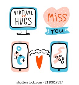 Valentines Day set doodle icon mobile phone Virtual Love. Monitor, Internet Love, talk, chat, decoration, heart. Miss You and Virtual Hugs Lettering. Hand drawn, line art, flat and lettering vector.