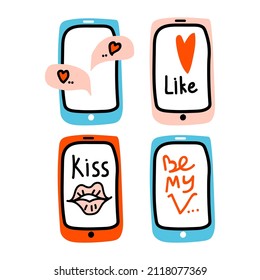 Valentines Day set doodle icon mobile phone Virtual Love. Internet Love, like, talk, chat, decoration, heart, kiss, Valentine, lips, speech bubbles. Hand drawn, line art, flat and lettering vector.