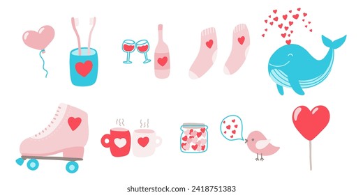 Valentine's Day set elements. Hand drawn doodle rollers, whale, wine, cups, heart, socks, bird, toothbrushes in cartoon style. Stock vector romantic illustration isolated on a white background.