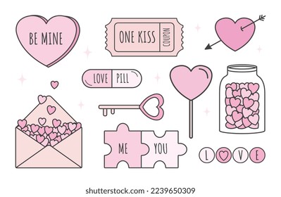 Valentine's Day set of elements, heart shape, key, lolipop, puzzle, pill, jar, coupon, letter, arrow