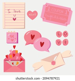 Valentine's day set of elements - letters, wings, love coupon for hug and kisses, chat cloud, calendar, 14th february, note, I love you, xoxo, clipart