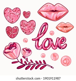 Valentines Day set elements lips, rose; candy and etc. Template for Sticker kit, Greeting, Congratulations, Invitations, Planners. Vector illustration