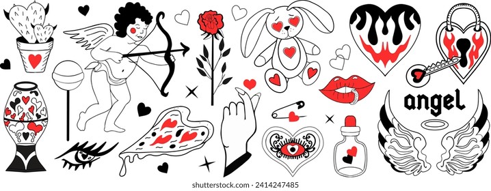 Valentine's Day set of elements. Love modern collection hand drawing with burning heart, flower, rose.Y2k 2000s cute emo goth aesthetic stickers tattoo. Vector illustration