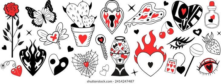 Valentine's Day set of elements. Love modern collection hand drawing with burning heart, flower, rose.Y2k 2000s cute emo goth aesthetic stickers tattoo. Vector illustration