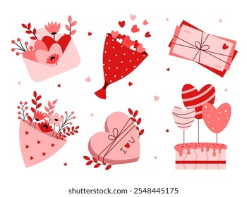 Valentine's Day set of elements. Love and romance concept. Envelope, bouquet, box of sweets, cake. For greeting cards, invitations, design, poster. Vector illustration
