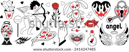 Valentine's Day set of elements. Love modern collection hand drawing with burning heart, flower, rose.Y2k 2000s cute emo goth aesthetic stickers tattoo. Vector illustration