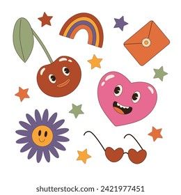 Valentine's day set. Elements in retro cartoon style. Heart, cherry, rainbow, flowers, envelope, stars.