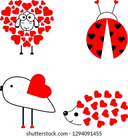 Valentine's day set of elements. A sheep, a ladybug, a bird and a hedgehog. 