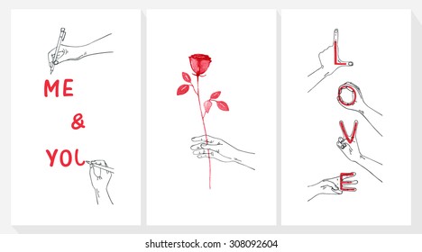 Valentine`s day set - emblems and cards. Vector illustration.Inspirational and motivational romantic and love quotes posters.Vector illustration can be used like post card.