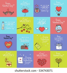 Valentines day set - emblems and cards. Vector illustration.
