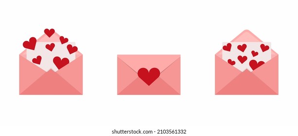 Valentine's Day. Set of envelopes with a heart. Image of love letter illustration in flat style.
