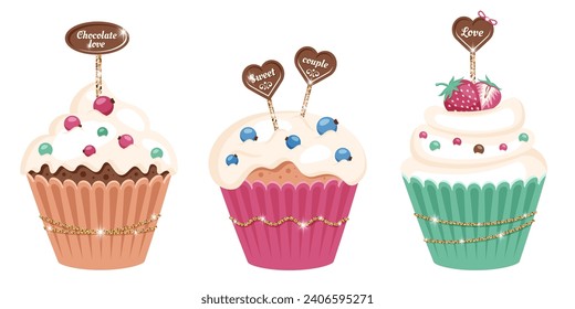 Día de San Valentín. Conjunto de muffins dulces festivos con varias heladas, lazo brillante. Adorables pastelitos, chocolate con forma de corazón, fresa, arándano, rociado. Concepto romántico. Ilustración del vector