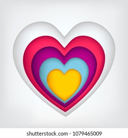 Valentines day. Set of five hearts, carved from paper, painted in different colors.