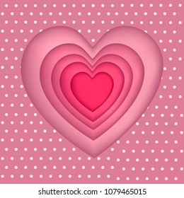 Valentines day. Set of five hearts, carved from paper cut.