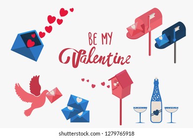 Valentines Day set, flat style. Love, romance and dating symbols collection, design element, object isolated. Heart, love letter, hearts, gift. Vector illustration, clip art, 14 february