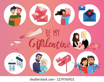 Valentines Day set, flat style. Love, romance and dating symbols collection, design element, object isolated. Heart, love letter, hearts, gift. Vector illustration, clip art, 14 february