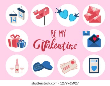 Valentines Day set, flat style. Love, romance and dating symbols collection, design element, object isolated. Heart, love letter, hearts, gift. Vector illustration, clip art, 14 february