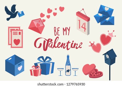 Valentines Day set, flat style. Love, romance and dating symbols collection, design element, object isolated. Heart, love letter, hearts, gift. Vector illustration, clip art, 14 february