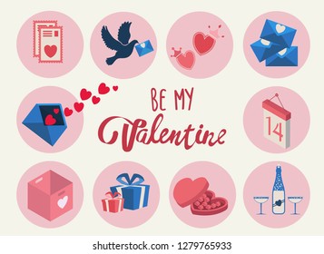 Valentines Day set, flat style. Love, romance and dating symbols collection, design element, object isolated. Heart, love letter, hearts, gift. Vector illustration, clip art, 14 february