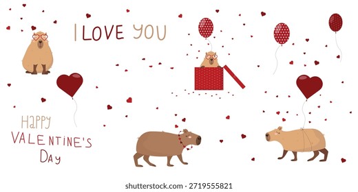 San Valentín. Un conjunto de Ilustraciones vectoriales planas en un estilo infantil simple sobre el tema del amor. Lindos capibaras con corazones y texto sobre un fondo blanco.