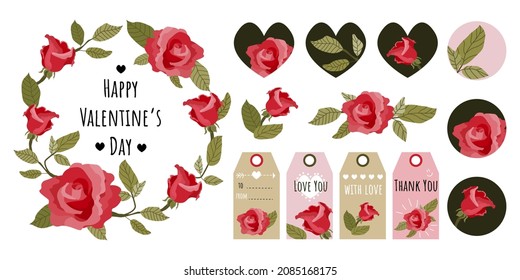 Valentine's Day set with floral design elements. Rose romantic wreath, Flower buds and leaves, gift cards, labels, and tags. Perfect for wedding invitations, birthday. Isolated vector illustration