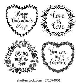 Valentines day set, floral frames, flowers, calligraphic text, lettering. Hand drawn black set design elements isolated