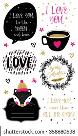 Valentines Day set with florals, love lettering, overlays, speech bubbles and etc. Template for Stickers, Greeting Scrapbooking, Congratulations, Invitations, Planners.