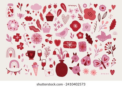 Valentine's Day set - flowers, hearts, birds, leaves, cupcake, cloud, wine, rainbow, butterfly, cherry, strawberry on white background. Perfect for greeting cards, decorations. Vector illustration