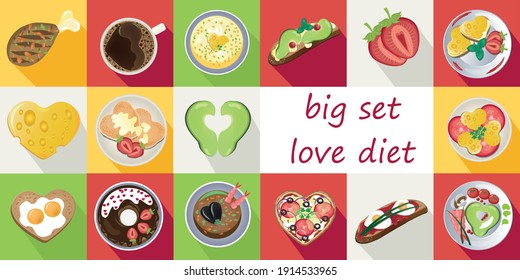 Valentine's Day, Set Of Food Icons, Stickers. Dishes For The Menu, Food For The Holiday. Vector Illustration.