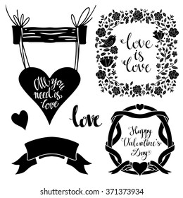 Valentines day set, frames, flowers, hearts, ribbon, calligraphic text, lettering. Hand drawn black set design elements isolated