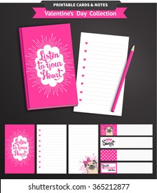 Valentines day set with funny pugs and lettering. Vector printable notepad design of cover and papers.