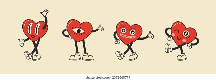 Valentine's Day set of funny vintage characters. Happy and cheerful emotions. Old animation 60s 70s, funny cartoon characters. Trendy illustration in retro style. Vector isolated background.