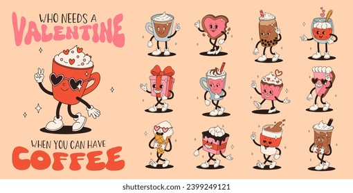 Conjunto de graciosos personajes vintage del Día de San Valentín. Retro alegre y alegre. Animación antigua de los años 70, dibujos animados de color de café y caramelos, donut, quequitos, espresso, latte, cacao, pastel. presente.