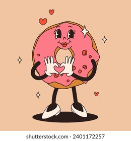 Valentine's Day set of funny vintage characters. Happy and cheerful retro. Old animation 60s 70s, groovy cartoon characters of coffee and sweets, donut, cupcake, espresso, latte, cocoa, cake. present.