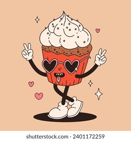 Valentine's Day set of funny vintage characters. Happy and cheerful retro. Old animation 60s 70s, groovy cartoon characters of coffee and sweets, donut, cupcake, espresso, latte, cocoa, cake. present.