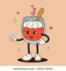 Valentine's Day set of funny vintage characters. Happy and cheerful retro. Old animation 60s 70s, groovy cartoon characters of coffee and sweets, donut, cupcake, espresso, latte, cocoa, cake. present.