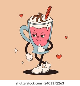 Valentine's Day set of funny vintage characters. Happy and cheerful retro. Old animation 60s 70s, groovy cartoon characters of coffee and sweets, donut, cupcake, espresso, latte, cocoa, cake. present.