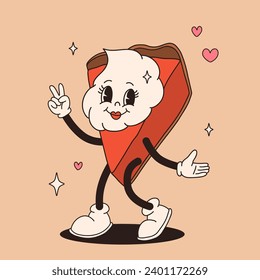 Valentine's Day set of funny vintage characters. Happy and cheerful retro. Old animation 60s 70s, groovy cartoon characters of coffee and sweets, donut, cupcake, espresso, latte, cocoa, cake. present.