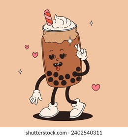 Valentine's Day set of funny vintage characters. Happy and cheerful retro. Old animation 60s 70s, groovy cartoon characters of coffee and sweets, donut, cupcake, espresso, latte, cocoa, cake. present.