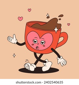 Valentine's Day set of funny vintage characters. Happy and cheerful retro. Old animation 60s 70s, groovy cartoon characters of coffee and sweets, donut, cupcake, espresso, latte, cocoa, cake. present.