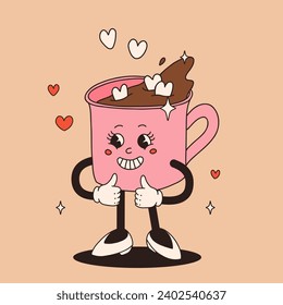 Valentine's Day set of funny vintage characters. Happy and cheerful retro. Old animation 60s 70s, groovy cartoon characters of coffee and sweets, donut, cupcake, espresso, latte, cocoa, cake. present.