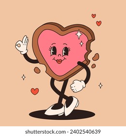 Valentine's Day set of funny vintage characters. Happy and cheerful retro. Old animation 60s 70s, groovy cartoon characters of coffee and sweets, donut, cupcake, espresso, latte, cocoa, cake. present.